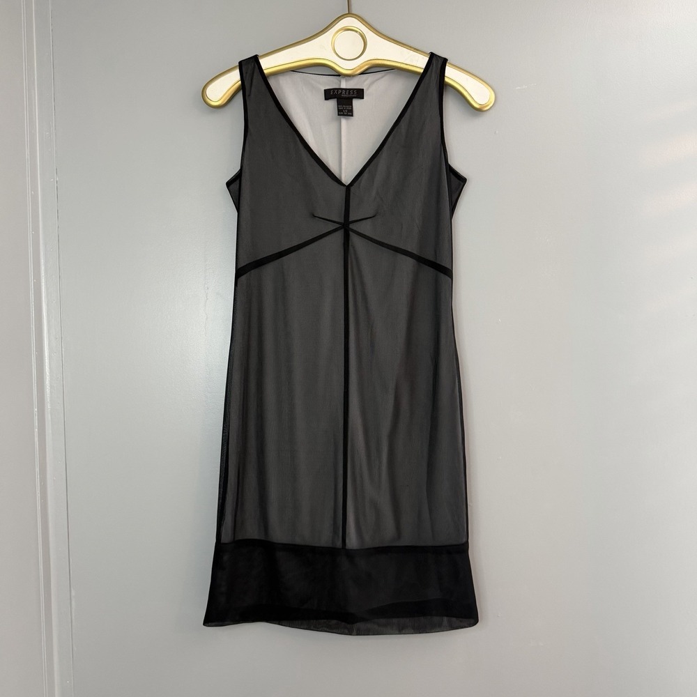 Vtg Y2K Black Sheer Mesh Sheath Dress 1/2 XS/S Express Whimsigoth Grunge Club